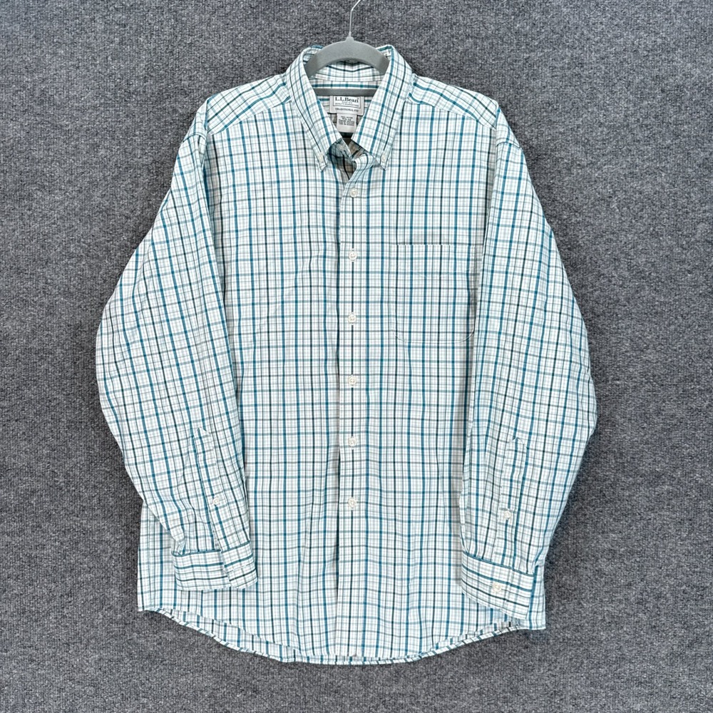 L.L Bean Shirt Mens 15.5-32 Blue White Plaid Traditional Fit Cotton Button Down